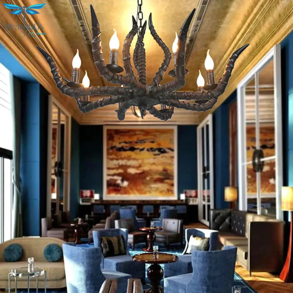 Resin Black Hanging Chandelier Horn 8 Bulbs Traditional Pendant Light Fixture For Restaurant