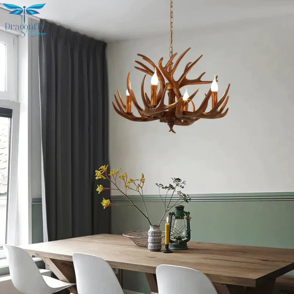 Resin Brown Ceiling Chandelier Branch 4/6/8 Lights Rustic Hanging Pendant Lamp For Restaurant