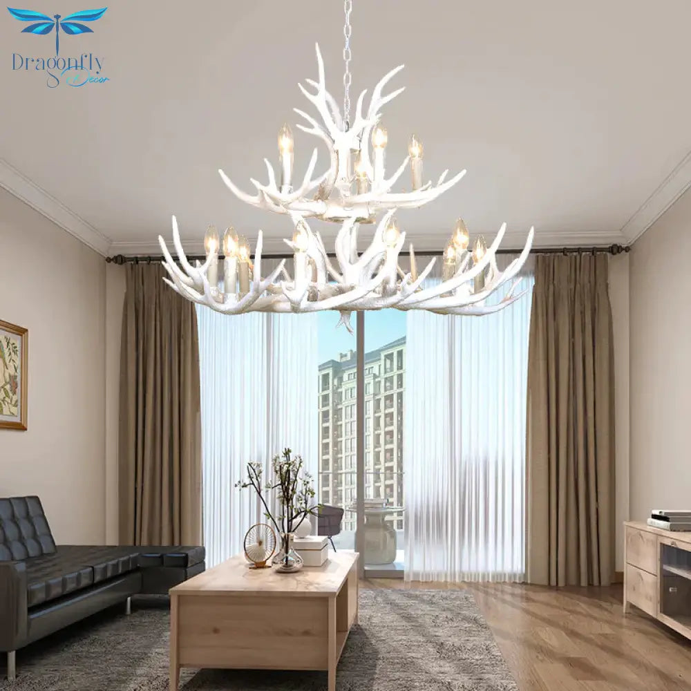 Resin Candelabra Chandelier Lamp Farmhouse 4/6/8 - Head Living Room Pendant Ceiling Light In White
