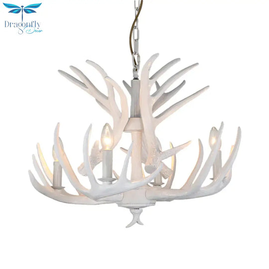 Resin Candle Chandelier Lamp Rustic 4/6/9 - Head Bedroom Pendant Ceiling Light With Antler Decor In