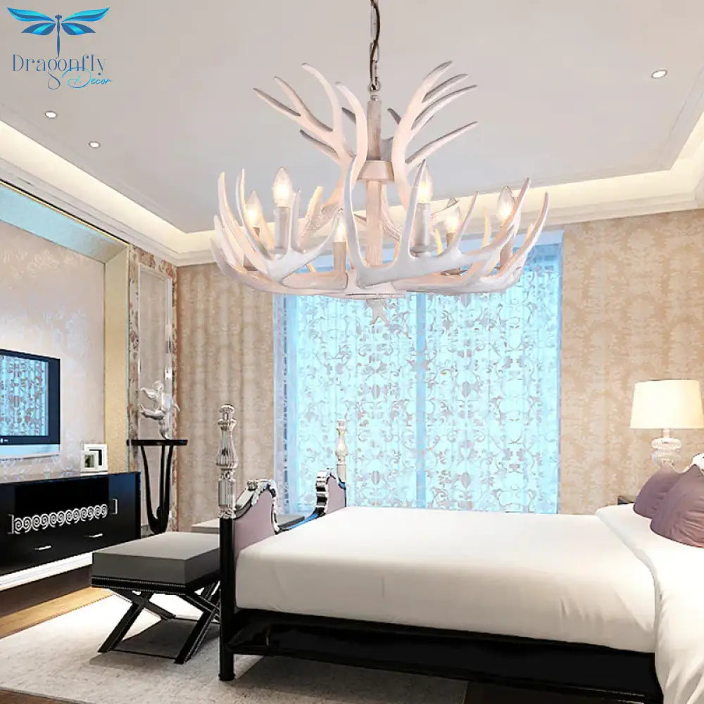Resin Candle Chandelier Lamp Rustic 4/6/9 - Head Bedroom Pendant Ceiling Light With Antler Decor In