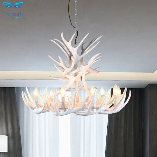 Resin Candle Chandelier Lamp Rustic 4/6/9 - Head Bedroom Pendant Ceiling Light With Antler Decor In