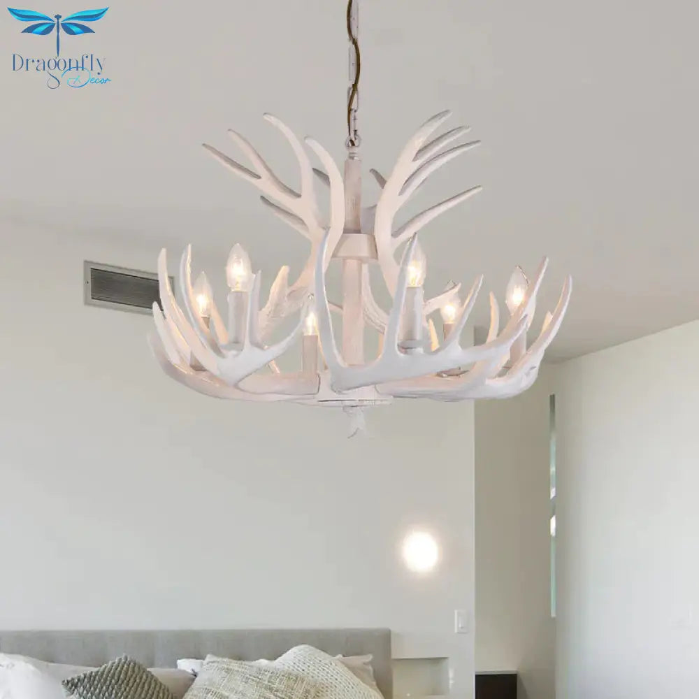 Resin Candle Chandelier Lamp Rustic 4/6/9 - Head Bedroom Pendant Ceiling Light With Antler Decor In