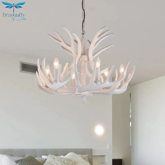 Resin Candle Chandelier Lamp Rustic 4/6/9 - Head Bedroom Pendant Ceiling Light With Antler Decor In