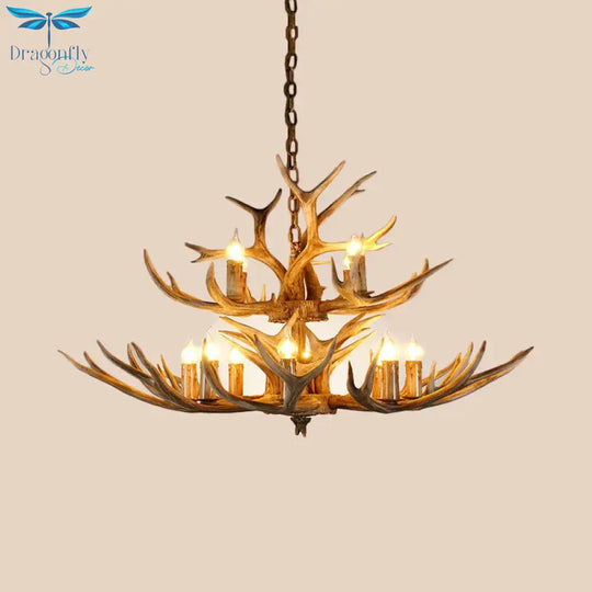 Resin Candle Shape Hanging Chandelier Farmhouse 12 Bulbs Restaurant Suspension Pendant Light In