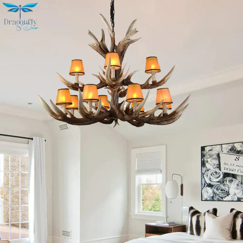 Resin Conical Chandelier Lamp Rustic 6/8/10 - Head Bedroom Pendant Ceiling Light With Antler In