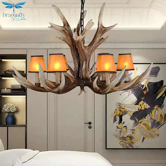 Resin Conical Chandelier Lamp Rustic 6/8/10 - Head Bedroom Pendant Ceiling Light With Antler In