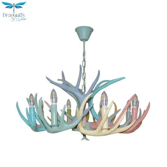 Resin Deer Antler Hanging Chandelier Rustic 4/6/8 Bulbs Bedroom Ceiling Pendant Light In Red -