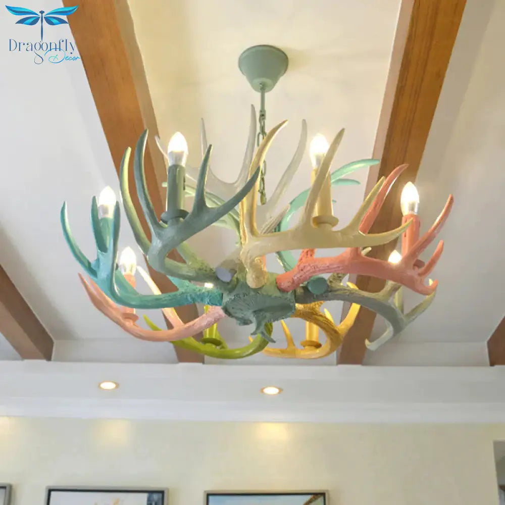 Resin Deer Antler Hanging Chandelier Rustic 4/6/8 Bulbs Bedroom Ceiling Pendant Light In Red -