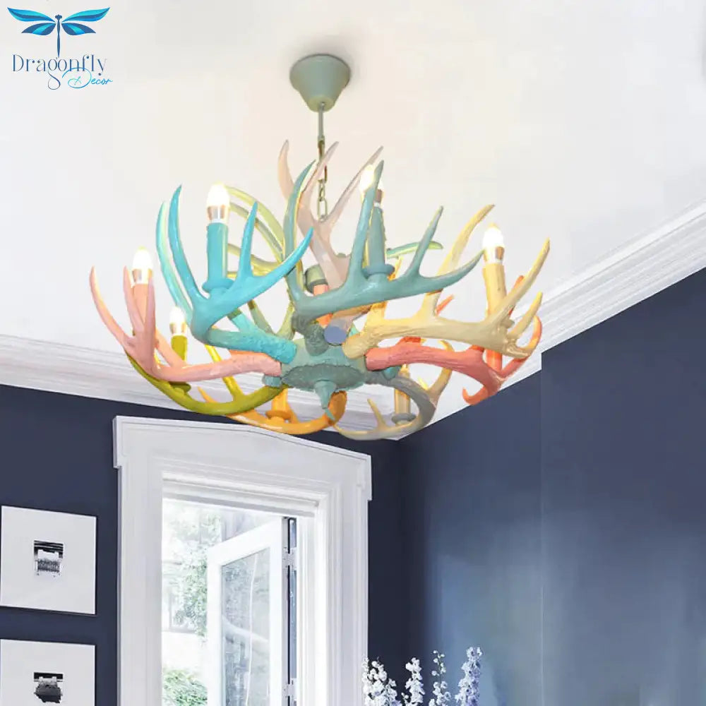 Resin Deer Antler Hanging Chandelier Rustic 4/6/8 Bulbs Bedroom Ceiling Pendant Light In Red -