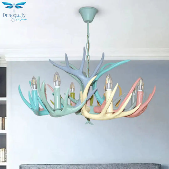 Resin Deer Antler Hanging Chandelier Rustic 4/6/8 Bulbs Bedroom Ceiling Pendant Light In Red -