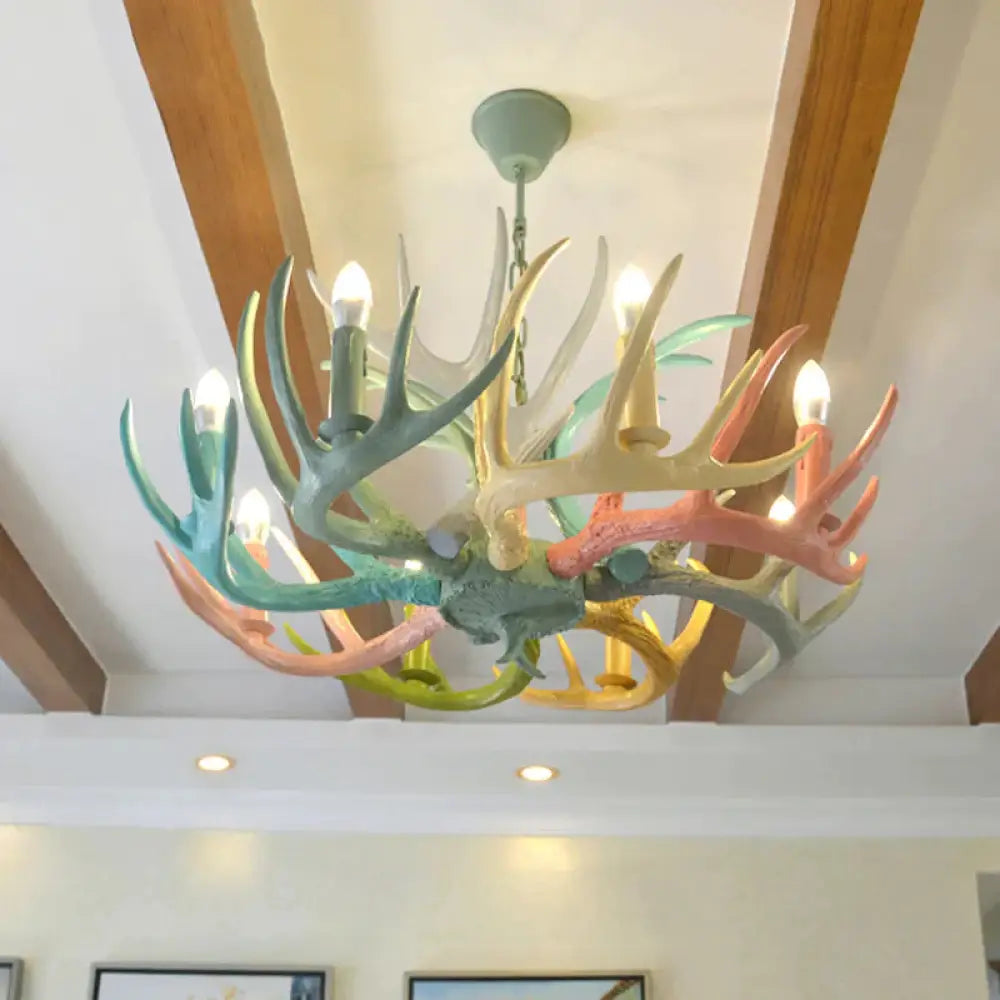 Resin Deer Antler Hanging Chandelier Rustic 4/6/8 Bulbs Bedroom Ceiling Pendant Light In Red -