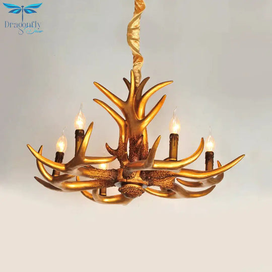 Resin Gold Hanging Chandelier Candle 6 Bulbs Traditional Pendant Light Fixture For Living Room