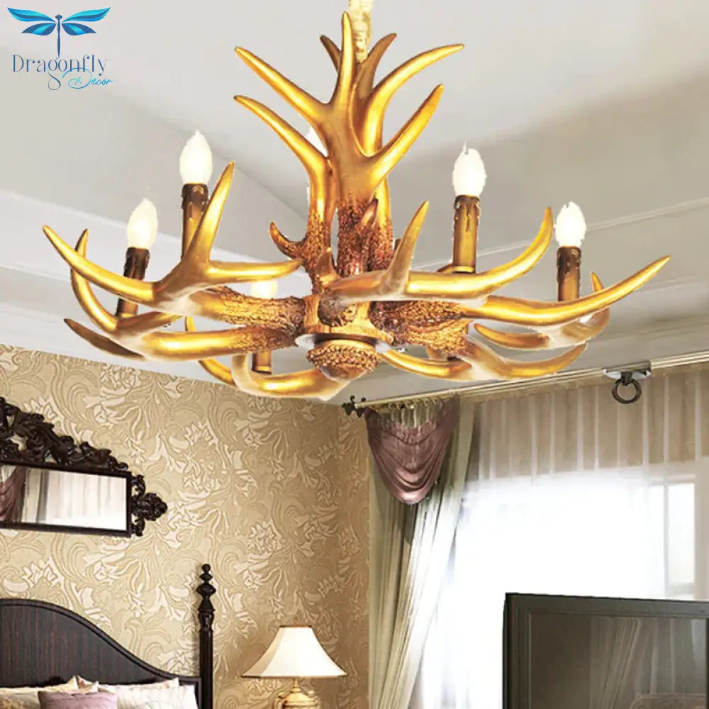 Resin Gold Hanging Chandelier Candle 6 Bulbs Traditional Pendant Light Fixture For Living Room
