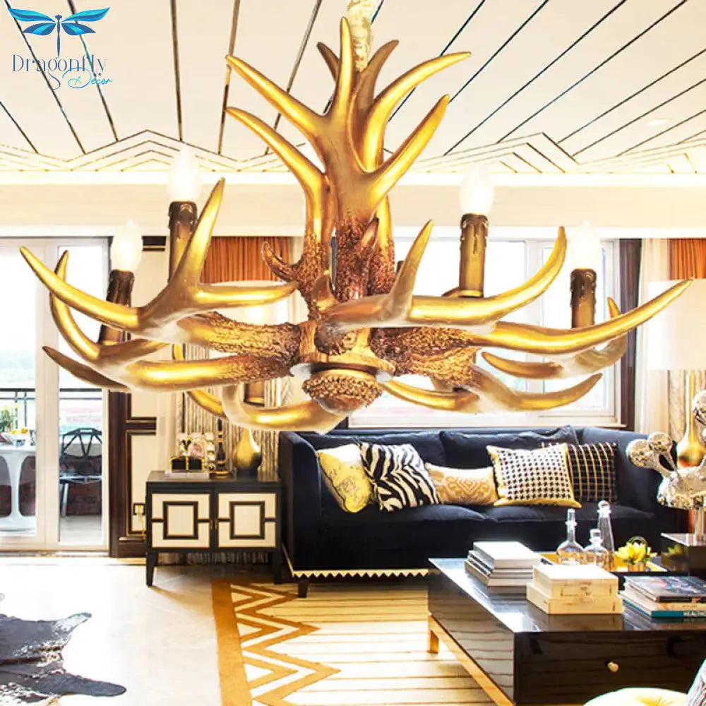 Resin Gold Hanging Chandelier Candle 6 Bulbs Traditional Pendant Light Fixture For Living Room