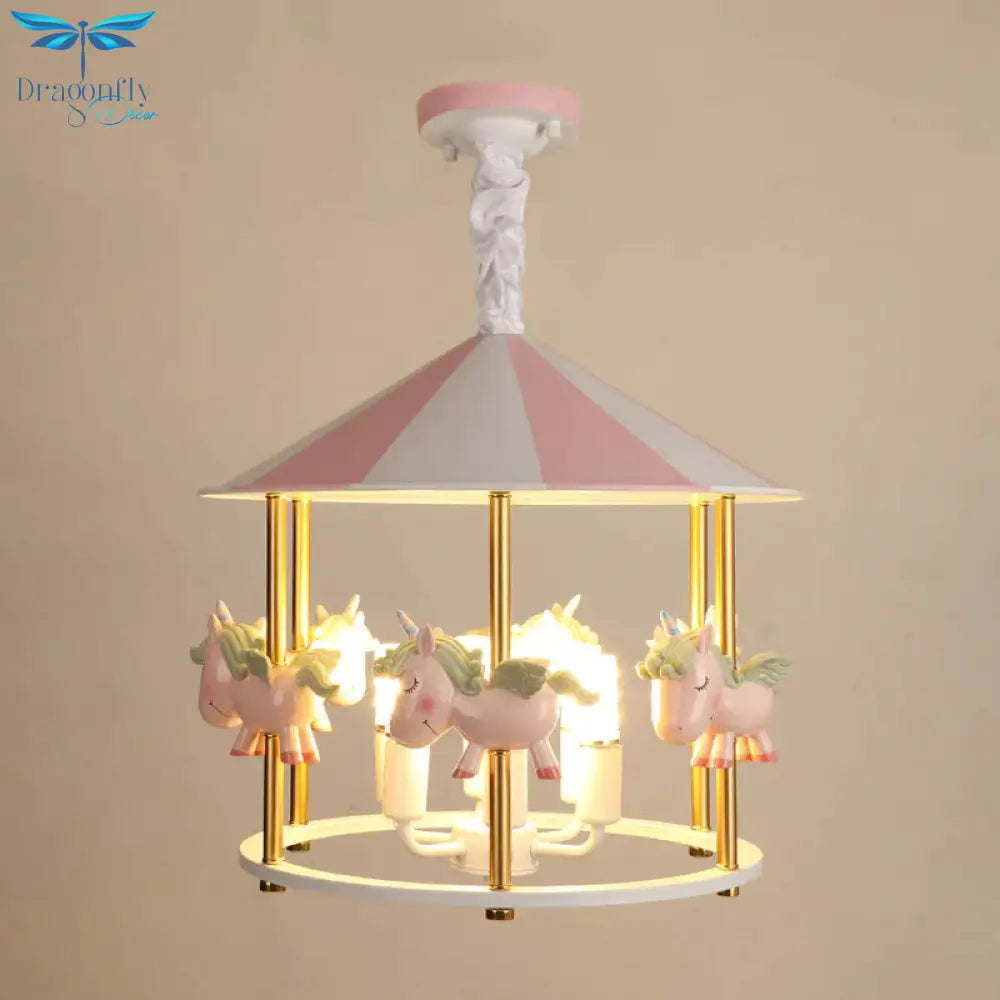 Resin Unicorn Carousel Hanging Lamp Kids 5 - Light Pink/Blue Pendant Chandelier For Child Room
