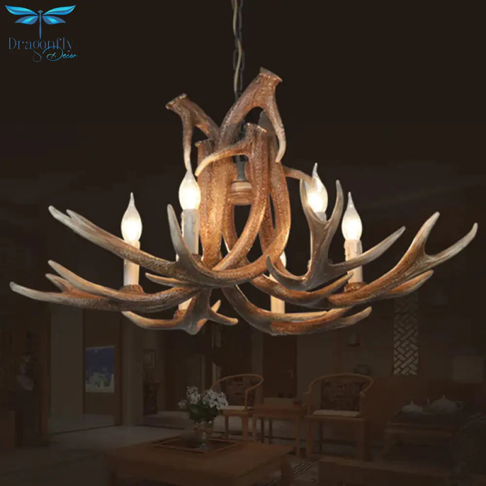 Resin White/Brown And Yellow Chandelier Lighting Antler 6 Lights Traditional Pendant Lamp For