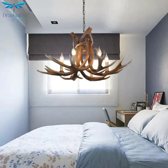 Resin White/Brown And Yellow Chandelier Lighting Antler 6 Lights Traditional Pendant Lamp For