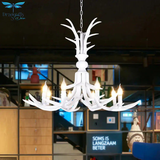 Resin White Hanging Chandelier Candle Shape 6/8 Bulbs Rustic Pendant Light Fixture For Restaurant