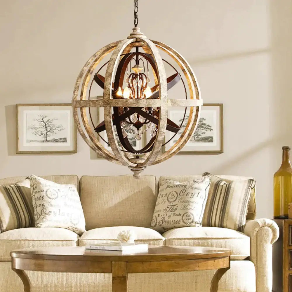 Retro 5 Heads Chandelier Lamp Rust Laser - Cut Ceiling Pendant Light With Wood Shade For Living Room
