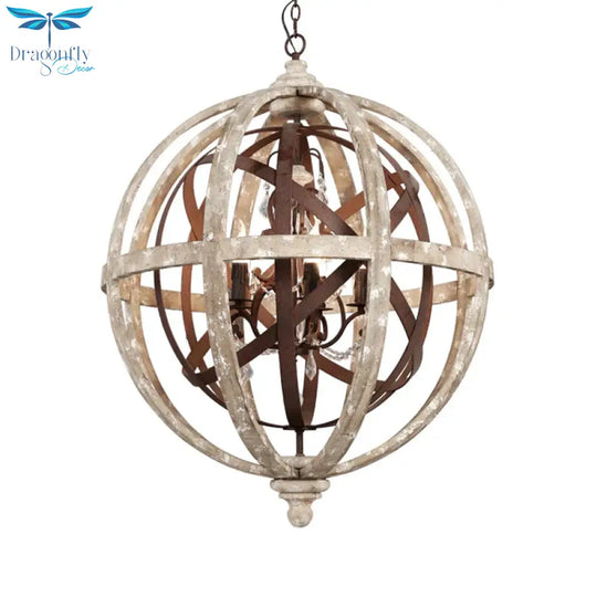 Retro 5 Heads Chandelier Lamp Rust Laser - Cut Ceiling Pendant Light With Wood Shade For Living Room