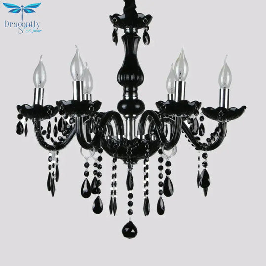 Retro Candelabra Hanging Chandelier 6 Heads Black Crystal Suspension Pendant Light For Bedroom