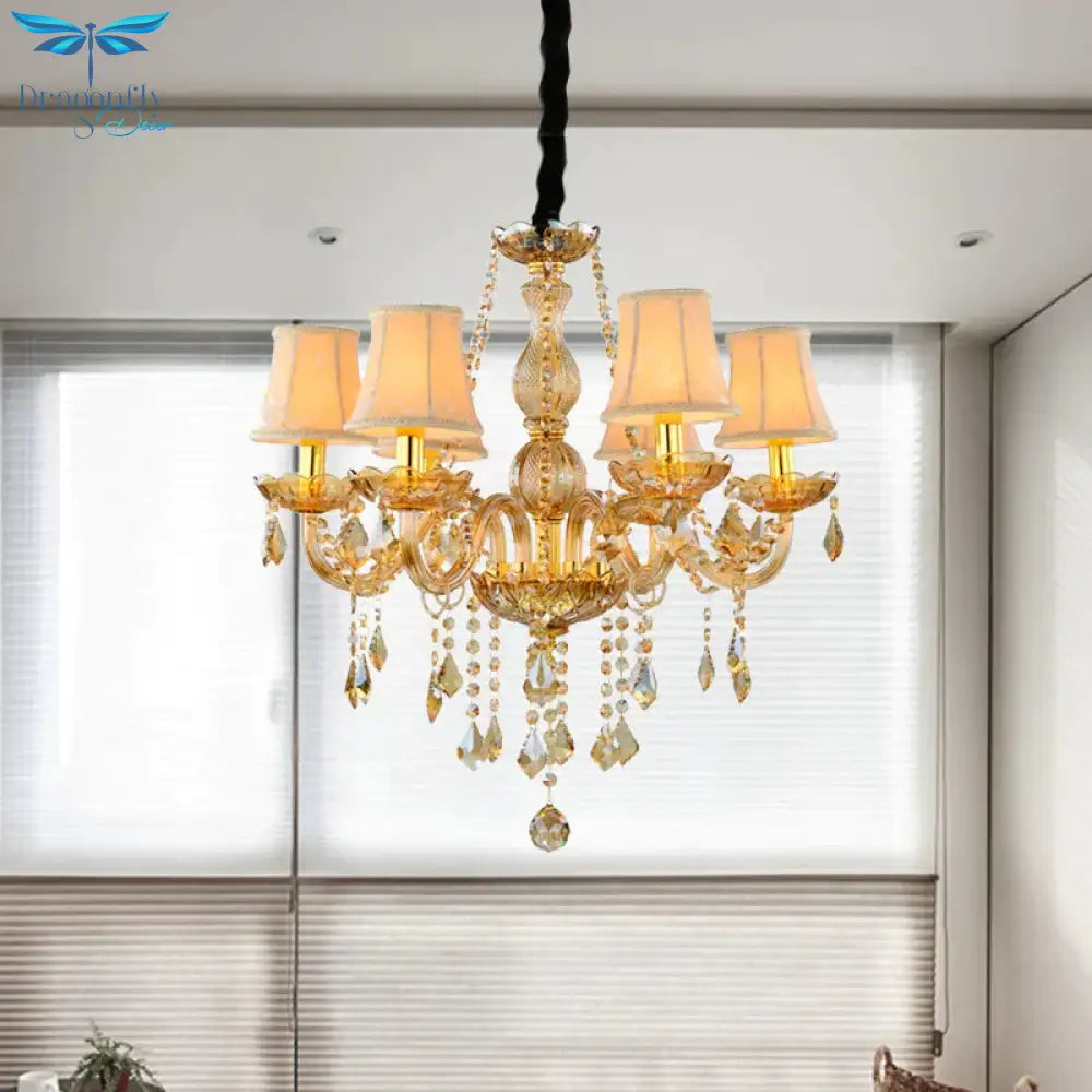 Retro Candle/Bell Chandelier Light 6 Bulbs Amber Beveled Crystal Pendant Lamp In Gold With/Without