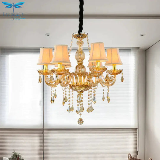Retro Candle/Bell Chandelier Light 6 Bulbs Amber Beveled Crystal Pendant Lamp In Gold With/Without