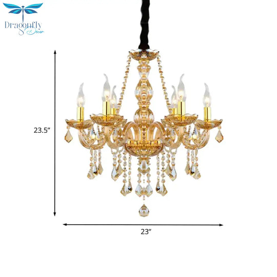 Retro Candle/Bell Chandelier Light 6 Bulbs Amber Beveled Crystal Pendant Lamp In Gold With/Without