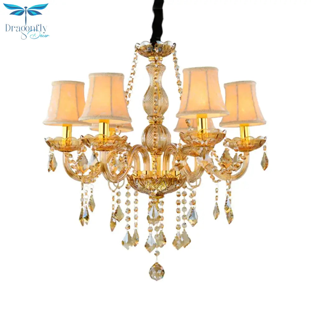 Retro Candle/Bell Chandelier Light 6 Bulbs Amber Beveled Crystal Pendant Lamp In Gold With/Without
