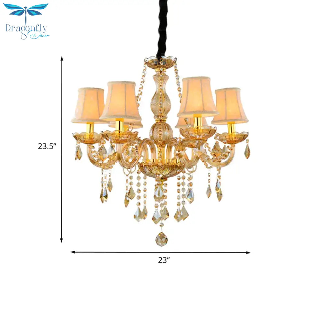Retro Candle/Bell Chandelier Light 6 Bulbs Amber Beveled Crystal Pendant Lamp In Gold With/Without