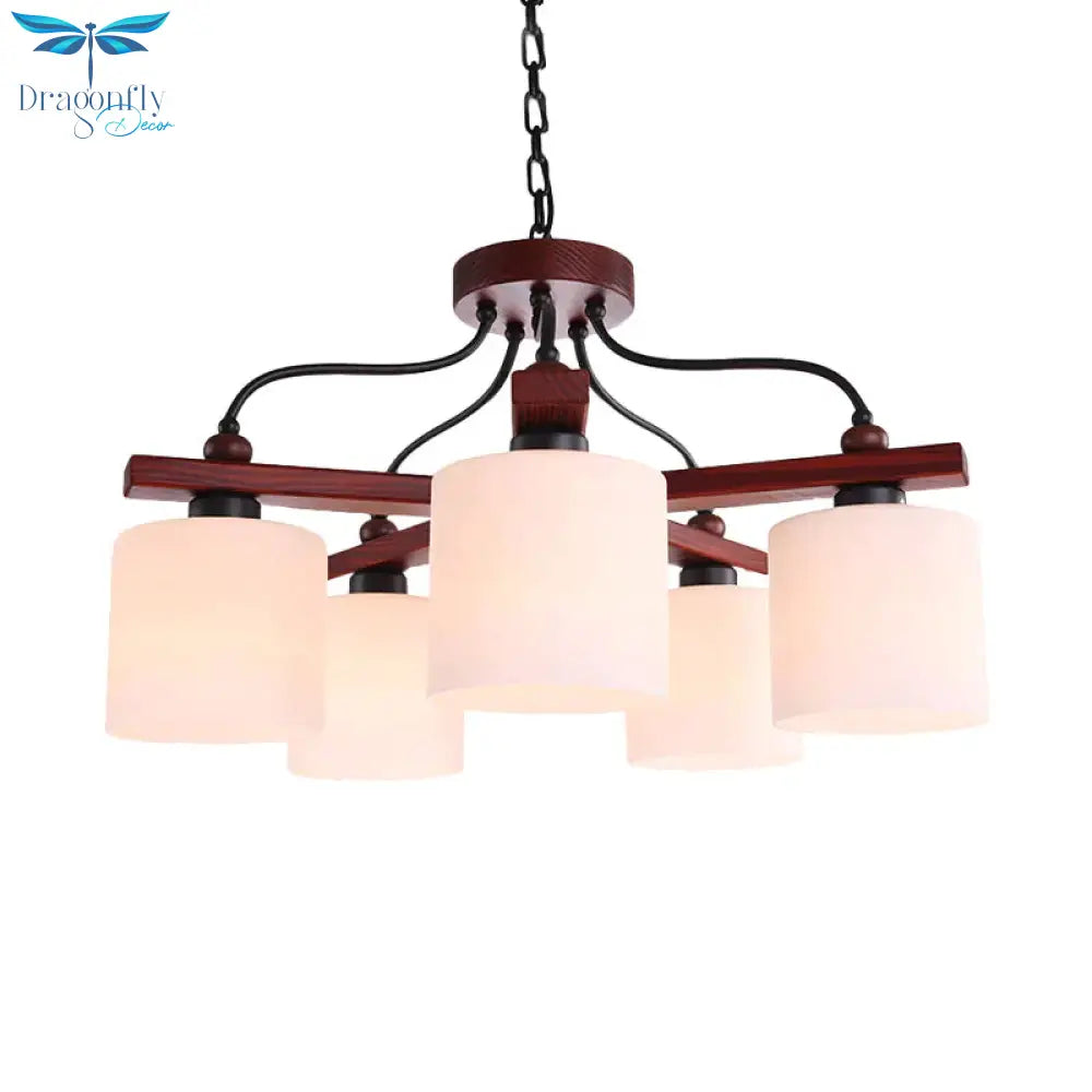 Retro Cylindrical Hanging Chandelier 5 Lights Cream Glass Drop Pendant In Brown With Wooden Arm
