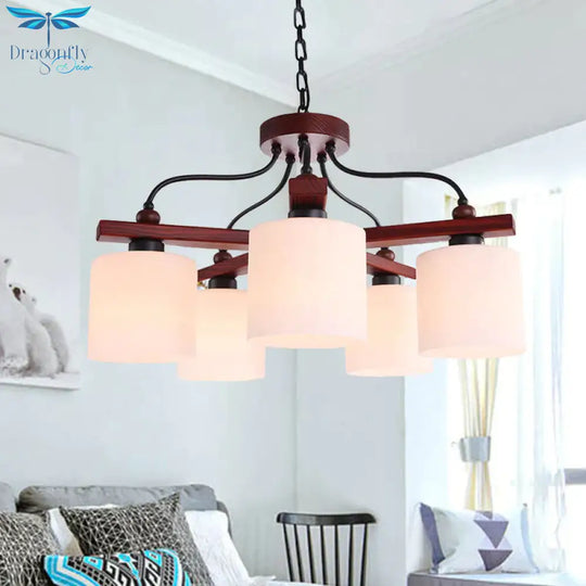 Retro Cylindrical Hanging Chandelier 5 Lights Cream Glass Drop Pendant In Brown With Wooden Arm