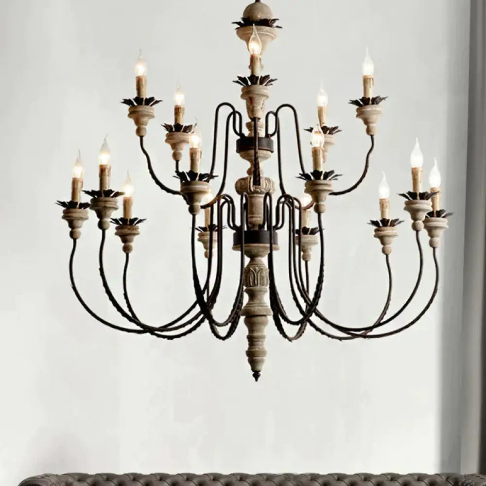 Retro Distressed Wood Living Room Chandelier Light With Swooping Arm In White 15 /