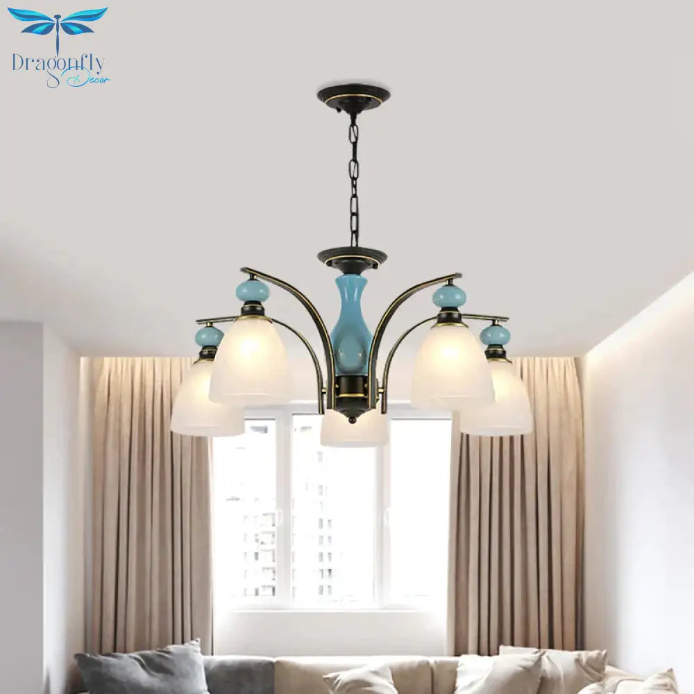 Retro Domed Shade Hanging Pendant 3/5/8 Lights Frosted Glass Chandelier Lighting Fixture In Black