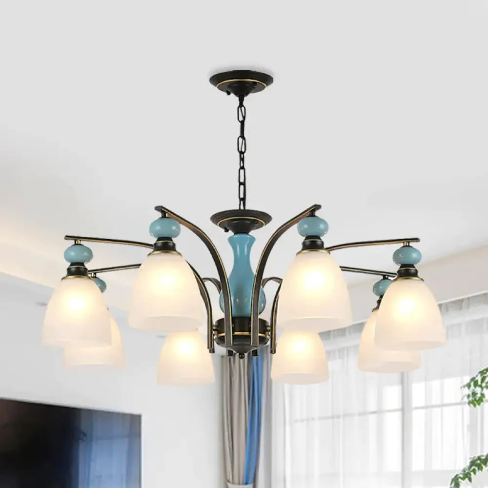Retro Domed Shade Hanging Pendant 3/5/8 Lights Frosted Glass Chandelier Lighting Fixture In Black