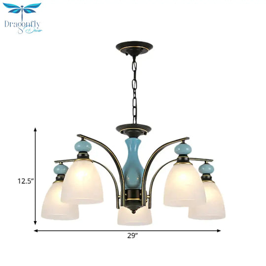 Retro Domed Shade Hanging Pendant 3/5/8 Lights Frosted Glass Chandelier Lighting Fixture In Black