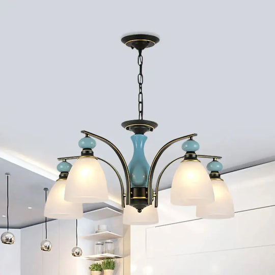 Retro Domed Shade Hanging Pendant 3/5/8 Lights Frosted Glass Chandelier Lighting Fixture In Black