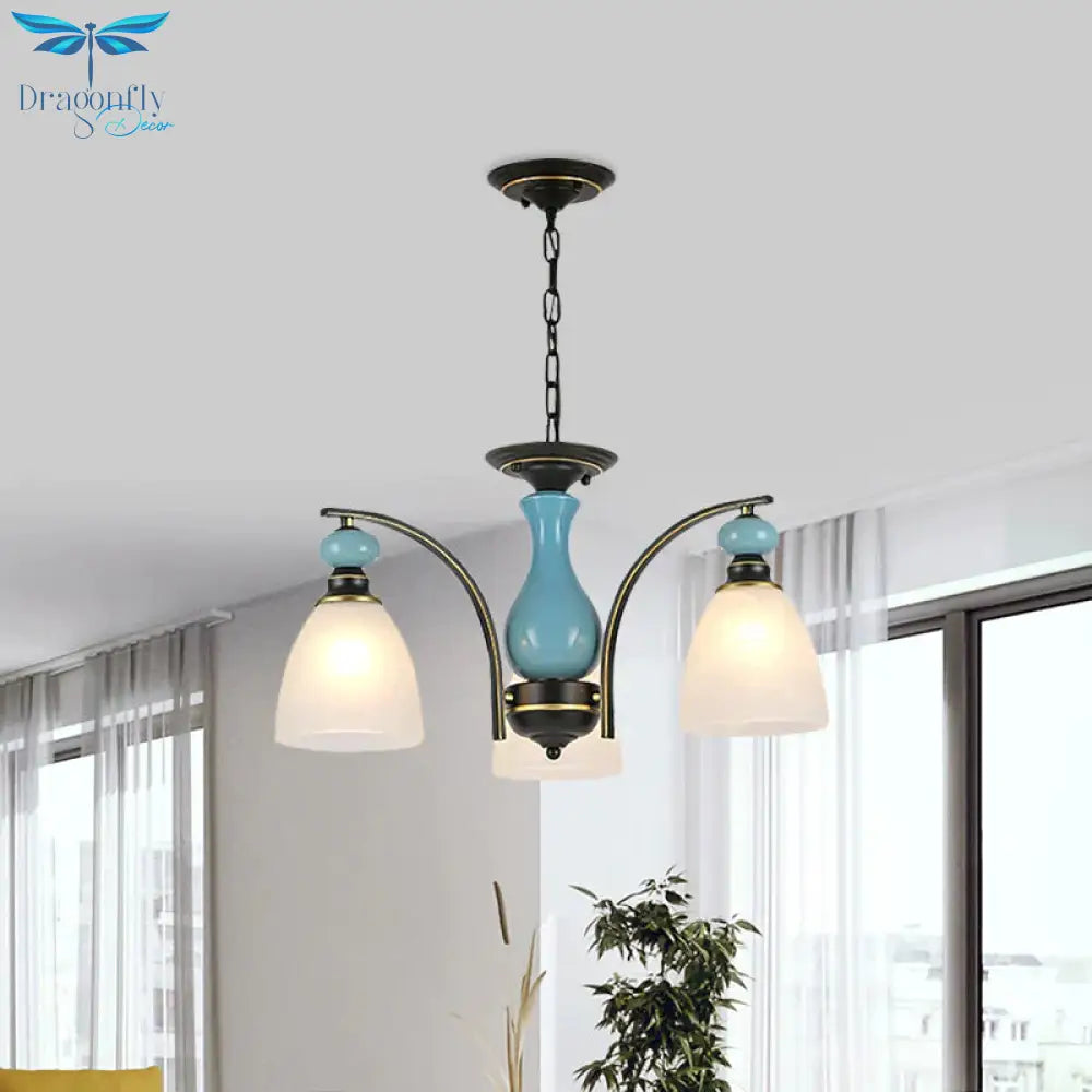 Retro Domed Shade Hanging Pendant 3/5/8 Lights Frosted Glass Chandelier Lighting Fixture In Black