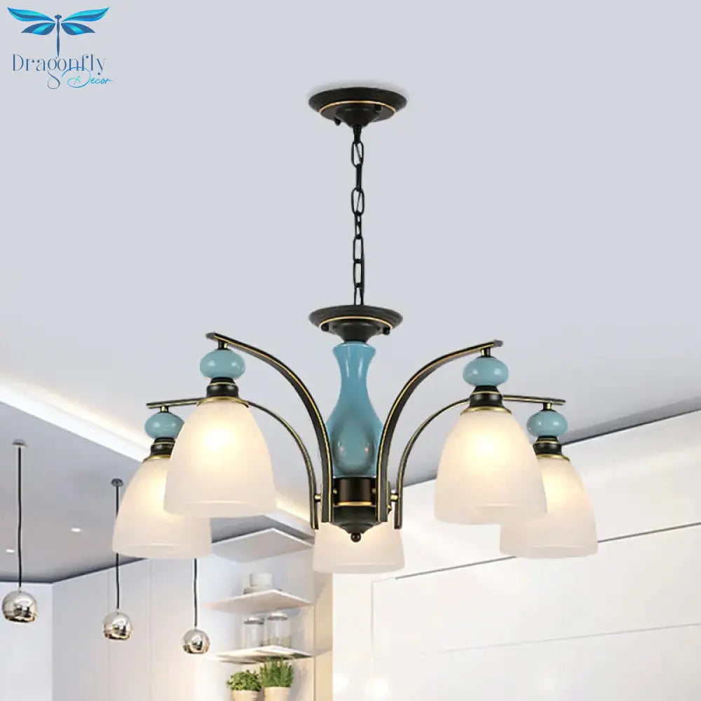 Retro Domed Shade Hanging Pendant 3/5/8 Lights Frosted Glass Chandelier Lighting Fixture In Black