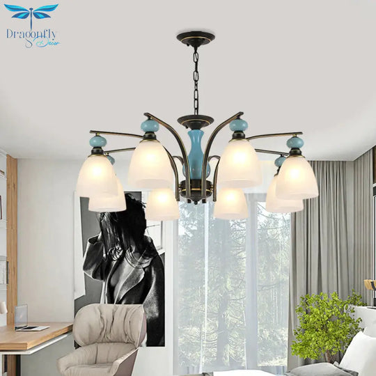 Retro Domed Shade Hanging Pendant 3/5/8 Lights Frosted Glass Chandelier Lighting Fixture In Black