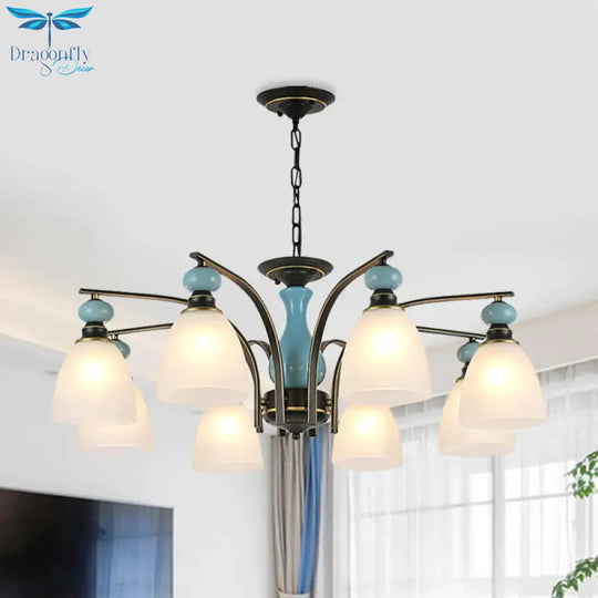 Retro Domed Shade Hanging Pendant 3/5/8 Lights Frosted Glass Chandelier Lighting Fixture In Black