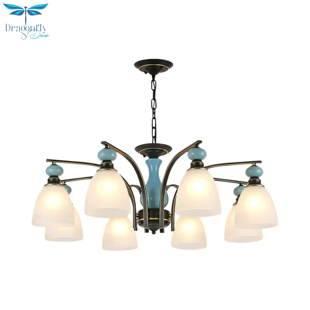 Retro Domed Shade Hanging Pendant 3/5/8 Lights Frosted Glass Chandelier Lighting Fixture In Black