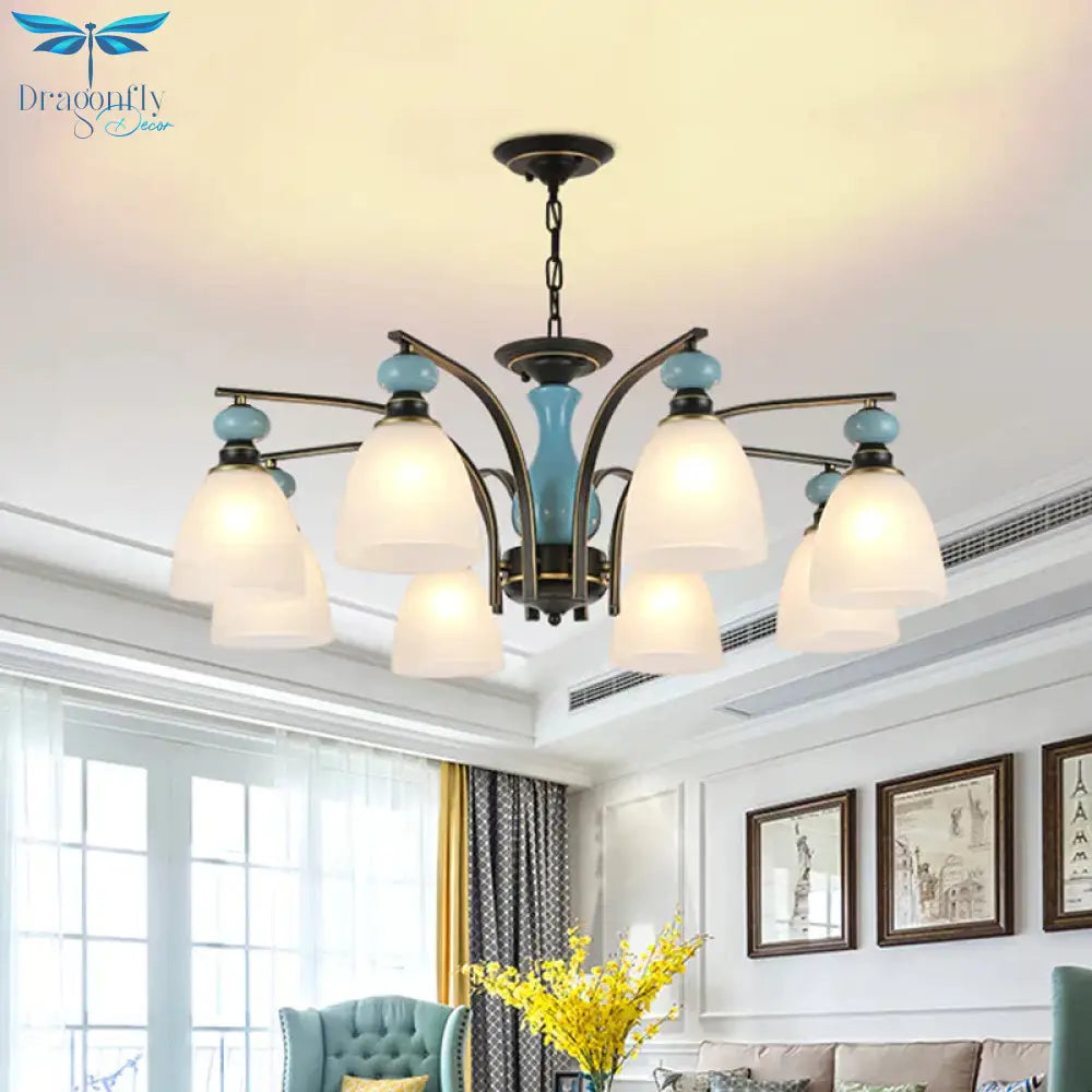 Retro Domed Shade Hanging Pendant 3/5/8 Lights Frosted Glass Chandelier Lighting Fixture In Black