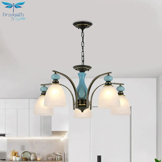 Retro Domed Shade Hanging Pendant 3/5/8 Lights Frosted Glass Chandelier Lighting Fixture In Black