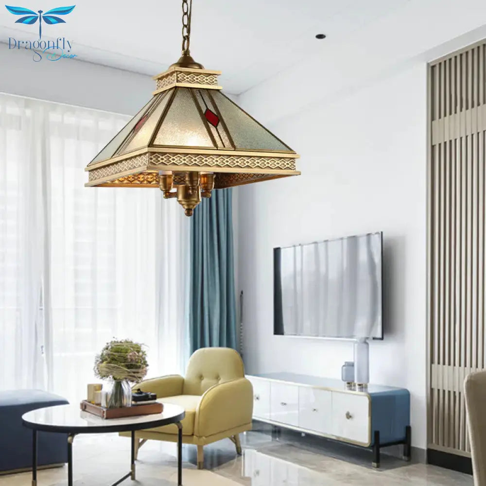 Retro Frosted Glass Pyramid Shaped Bedroom Ceiling Chandelier 3 Lights Gold Hanging Light