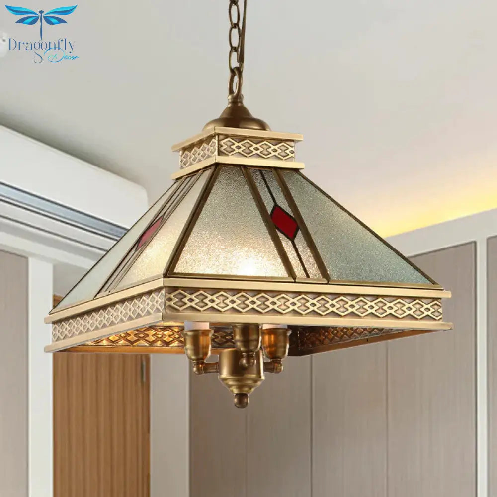 Retro Frosted Glass Pyramid Shaped Bedroom Ceiling Chandelier 3 Lights Gold Hanging Light
