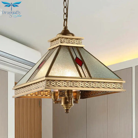 Retro Frosted Glass Pyramid Shaped Bedroom Ceiling Chandelier 3 Lights Gold Hanging Light