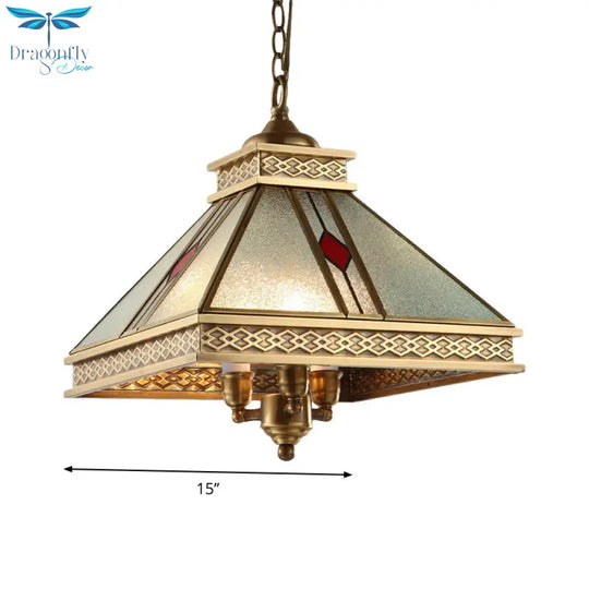 Retro Frosted Glass Pyramid Shaped Bedroom Ceiling Chandelier 3 Lights Gold Hanging Light