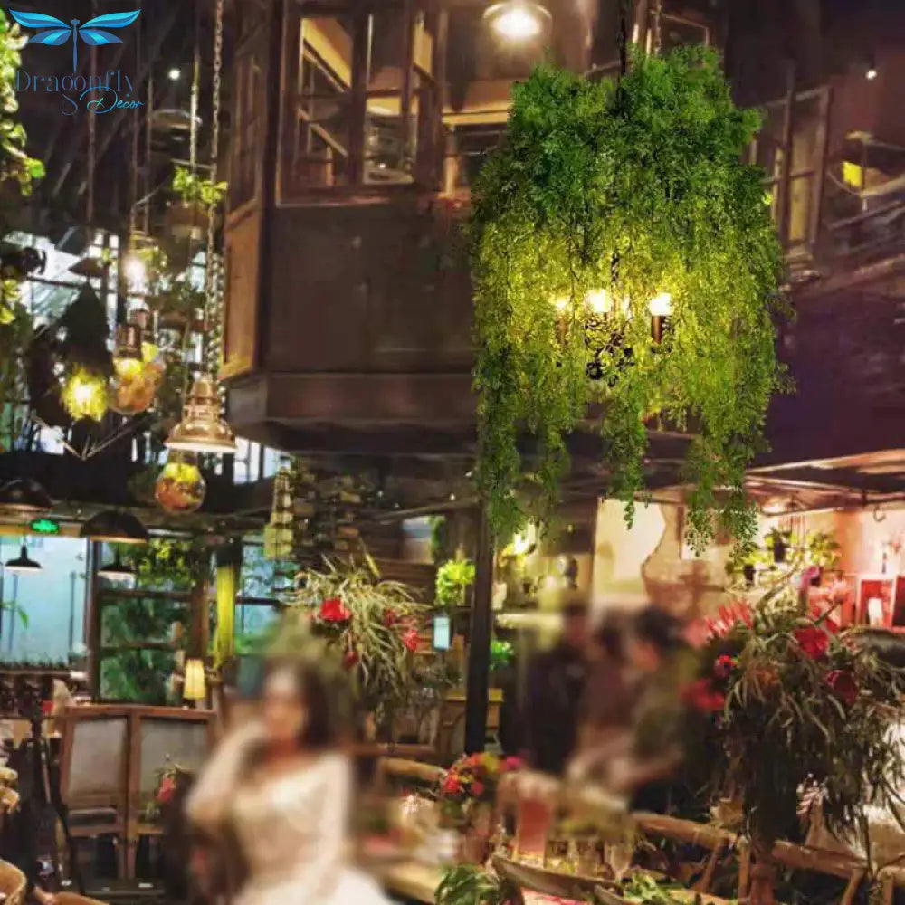 Retro Green Metallic Plant Chandelier Light For Restaurant
